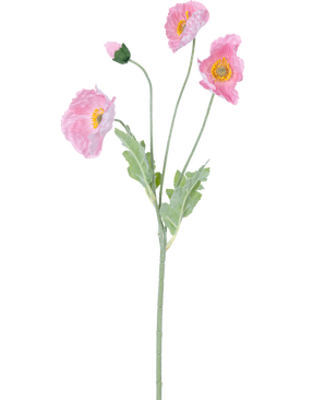 Artificial Flower Poppy Real Touch Pink 60 cm: A lifelike pink poppy with three open flowers and one closed bud on green stems and light green leaves, depicted against a white background.