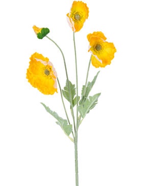 The Artificial Flower Poppy Real Touch yellow 60 cm has a single stem with four vibrant yellow poppy flowers and green leaves, against a plain white background.
