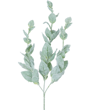 The Artificial Flower Eucalyptus 70 cm is a single green eucalyptus stem with multiple rounded, soft, pale, silver-colored leaves against a white background.