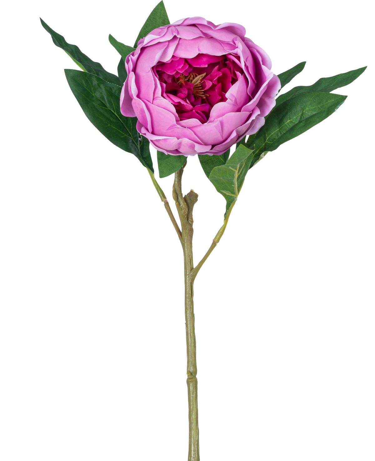 The Artificial Flower Lotus Peony Real Touch in purple, 58 cm long, has layered petals, green leaves and a long stem. Pictured against a plain white background.