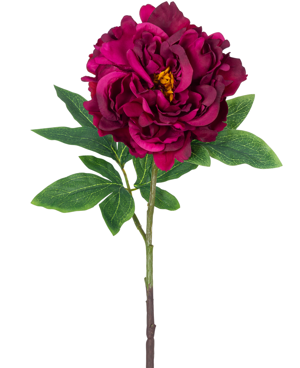 The Artificial Flower Peony 61 cm purple is a single artificial peony with layered dark purple petals, a yellow heart, green leaves and a long stem, depicted against a plain white background.