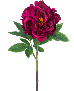 The Artificial Flower Peony 61 cm purple is a single artificial peony with layered dark purple petals, a yellow heart, green leaves and a long stem, depicted against a plain white background.