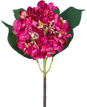A single Artificial Flower Garden Hydrangea 61 cm pink pink hydrangea blossom and three large green leaves against a white background.