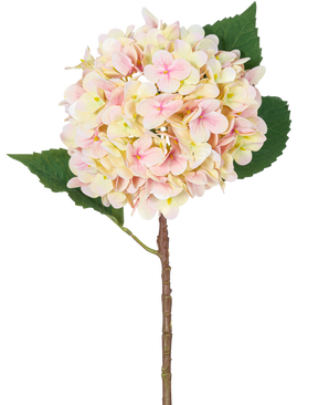 The Artificial Flower Hydrangea Real Touch Pink 58 cm is a single artificial hydrangea stem with soft pink petals and two large green leaves, perfect for decoration and presented against a white background.