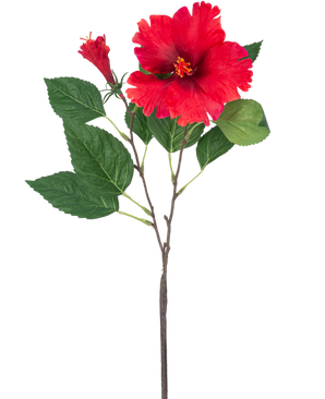 The Artificial Flower Hibiscus 63 cm red has a single stem with vibrant red hibiscus flowers and green leaves against a plain white background.
