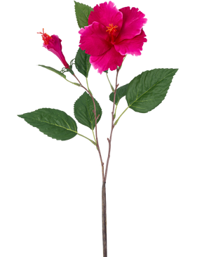 The Artificial Flower Hibiscus 64 cm pink has a single artificial stem with green leaves, a large open pink flower and a closed bud, all against a plain white background.