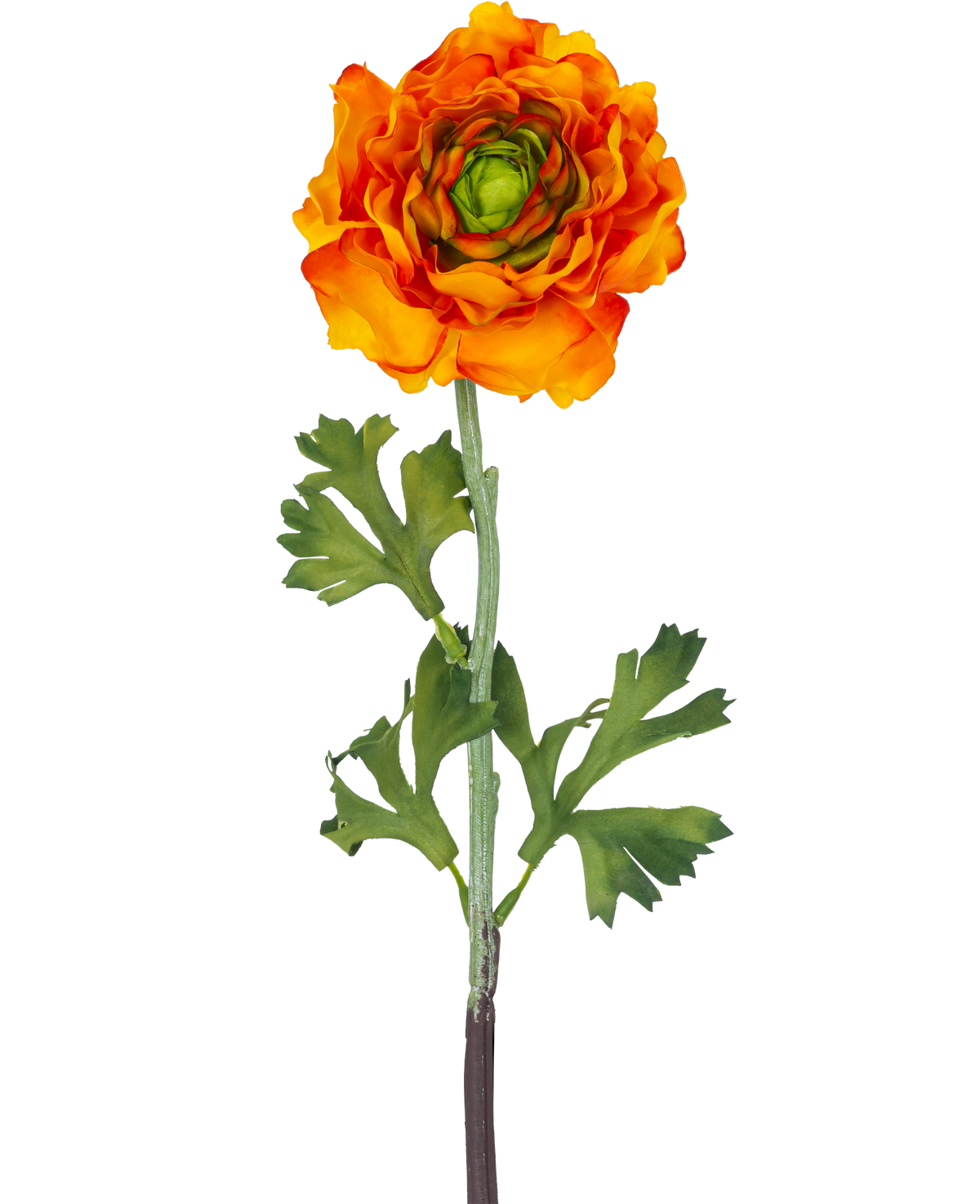 The Artificial Flower Ranunculus 51 cm orange is an artificial orange ranunculus flower with layered petals and green leaves on a long stem, perfect as a decorative accent.