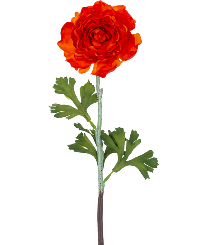 The Artificial Flower Ranunculus 51 cm dark orange has a vibrant dark orange artificial ranunculus flower with layered petals and green, lobed leaves on a long stem, against a plain white background.