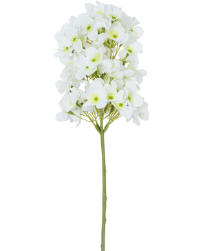 The Artificial Flower Snowball Real Touch White 58 cm has a single stem with bunches of small white flowers and light green hearts, against a plain white background.