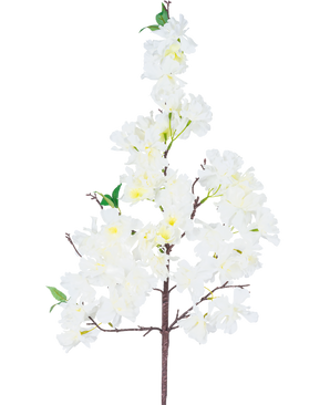 The Artificial Silk Cherry Blossom 95 cm white has a single branch with bunches of white artificial cherry blossom flowers and a few green leaves, against a plain white background.