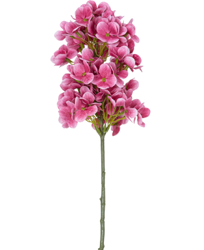 A single stem of the Artificial Flower Snowball Real Touch Pink 58 cm, with bunches of bright pink artificial hydrangea-like flowers with a green heart, isolated on a white background.