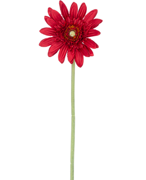 The Artificial Flower Gerbera 53 cm red has a single red gerbera with layered petals and a yellow heart on a long green stem, against a plain white background.
