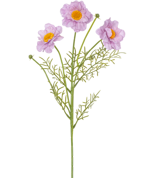The Artificial Rose Collar Real Touch Purple 50cm has a single green stem with three light purple flowers with yellow centers and feather-light leaves, against a white background.