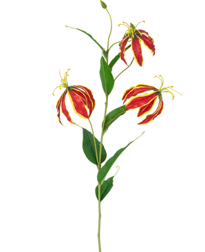 The Artificial Flower Gloriosa Real Touch Red 75 cm has a single stem with three vibrant red and yellow lily flowers and long green leaves, against a white background.