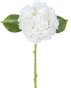 The Artificial Flower Hydrangea Real Touch White 49 cm has a single white hydrangea with round, full petals, two large green leaves and a long stem, against a plain white background.