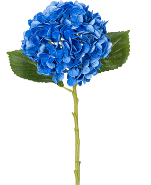 The Artificial Flower Charlotte Hydrangea Real Touch Blue 49 cm is a single blue hydrangea with green leaves and a long stem, depicted against a white background.