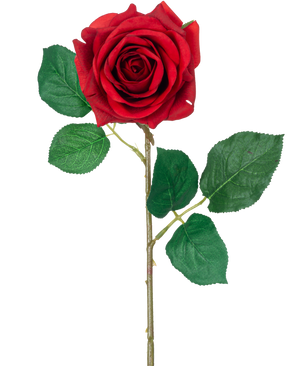The Artificial Rose "Emine" Real Touch Red 43cm has a single red rose with vibrant green leaves on a long stem, against a plain white background.