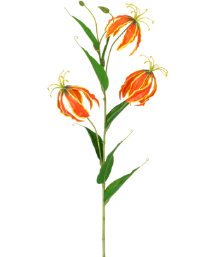 The Artificial Flower Gloriosa Real Touch Orange 75 cm has a high green stem with three large orange and yellow lilies and long, slender green leaves, beautifully displayed on a white background.