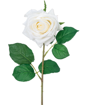 The Artificial Rose "Emine" Real Touch White 43cm has a single white rose with layered petals and green leaves on a long stem, against a plain white background.