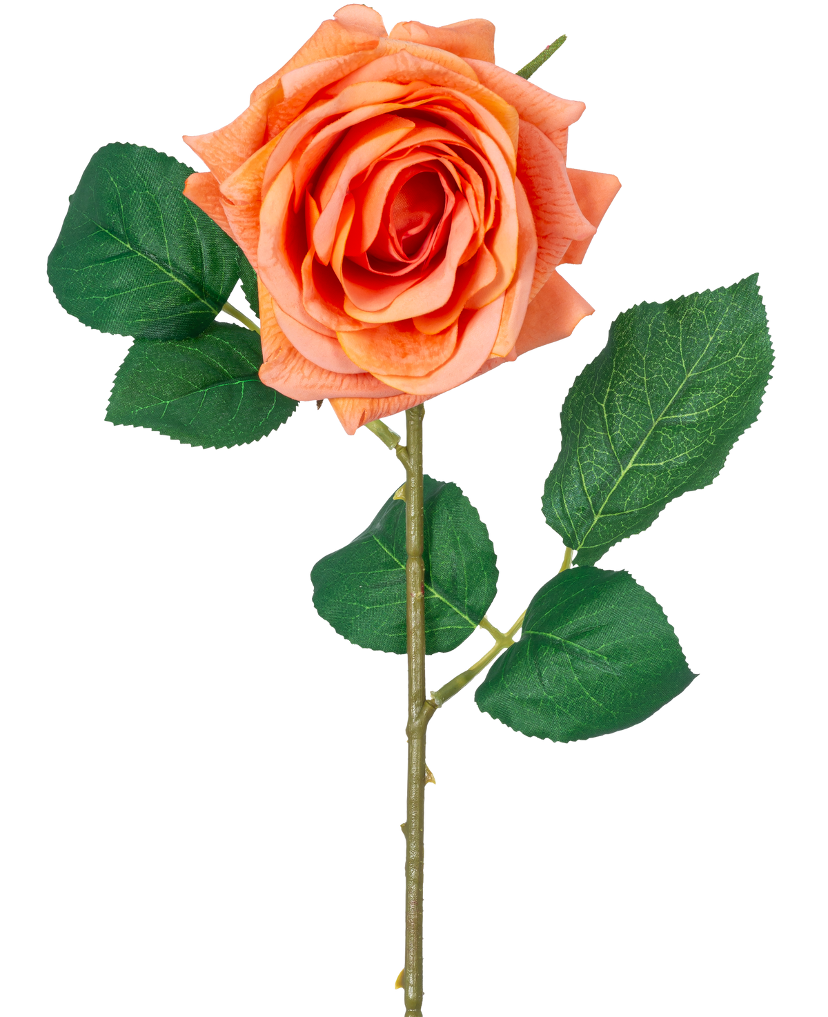 The Artificial Flower Crystal Touch moisturizing rose has a Real Touch orange flower with green leaves and a 43 cm long stem, against a plain white background.