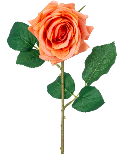 The Artificial Flower Crystal Touch moisturizing rose has a Real Touch orange flower with green leaves and a 43 cm long stem, against a plain white background.