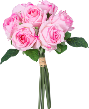 An Artificial Rose Bouquet of 7 Real Touch pink roses (30 cm) with green leaves, tied together with twine and photographed against a white background.