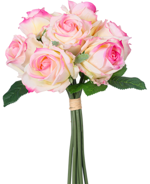 The Artificial Rose Bouquet 7 Roses Real Touch Cream/Pink 30 cm has seven cream-colored and pink artificial roses with green leaves and long stems, tied with a brown ribbon and depicted against a white background.