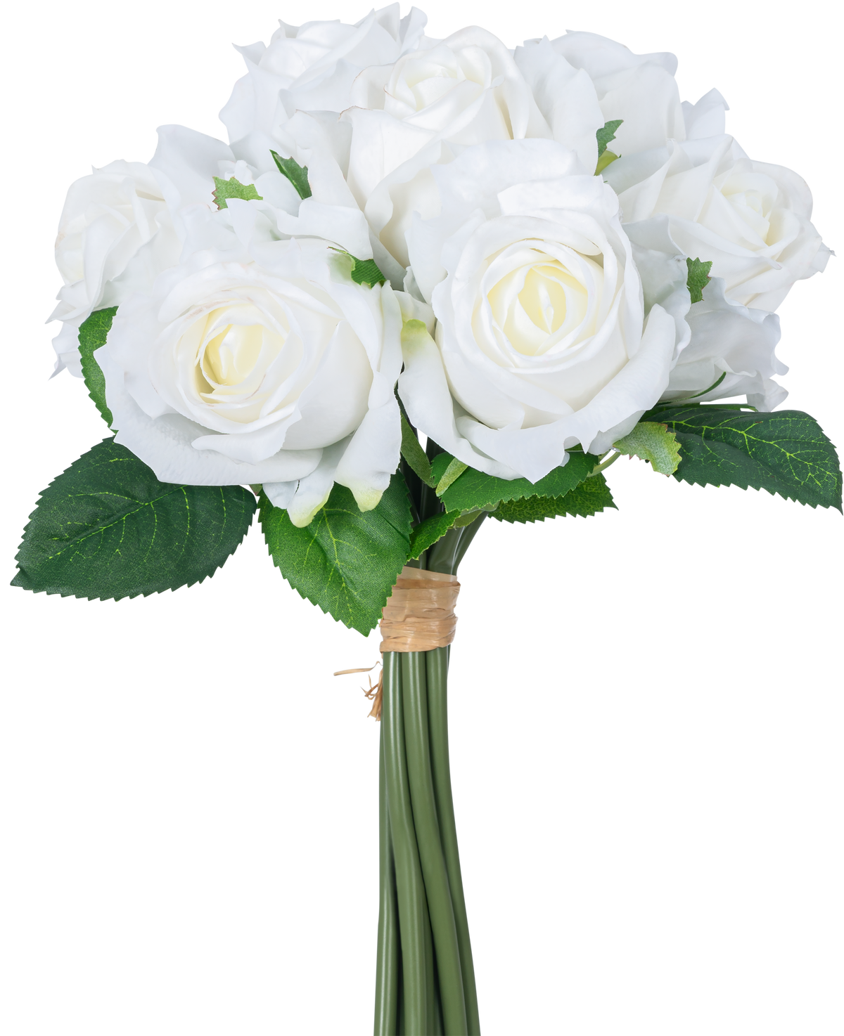 The Artificial Rose Bouquet 7 Roses Real Touch White 30 cm has a bouquet of white artificial roses with green leaves, the stems bound by a brown rubber band, depicted against a plain white background.