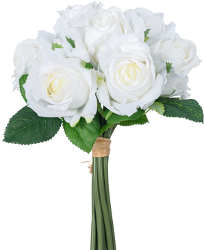 The Artificial Rose Bouquet 7 Roses Real Touch White 30 cm has a bouquet of white artificial roses with green leaves, the stems bound by a brown rubber band, depicted against a plain white background.