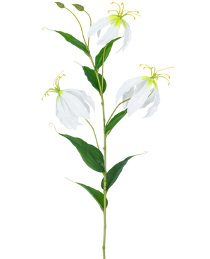 The Artificial Flower Gloriosa Real Touch White 75 cm has a single green stem with three open white Gloriosa flowers, two buds, long yellow stamens and elongated green leaves against a plain white background.