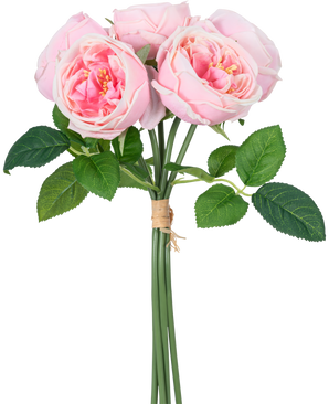 The Artificial Rose Bouquet "Carmen" Real Touch Pink 36 cm has light pink peonies with green leaves, tied together with brown rope.