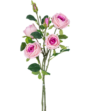 The Artificial rose branch double Real Touch pink 80cm has multiple artificial pink roses and rose buds with green leaves on one stem, against a plain white background.