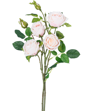 The Artificial rose branch double Real Touch light pink 80cm has a stem with three fully bloomed light pink roses, two rose buds and several green leaves against a white background.