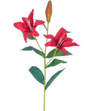 The Artificial Flower Lily Real Touch red 95 cm has a stem with two open red lily flowers, a closed bud and several green leaves, all against a white background.