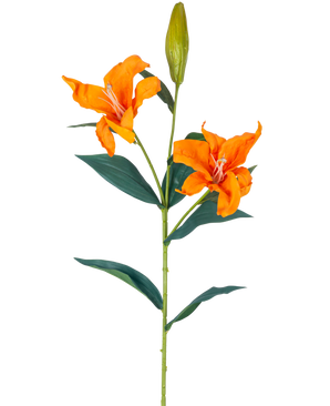 The Artificial Flower Lily Real Touch orange 95 cm has a single stem with two open orange lilies, a closed bud at the top and long, narrow green leaves, all against a white background.