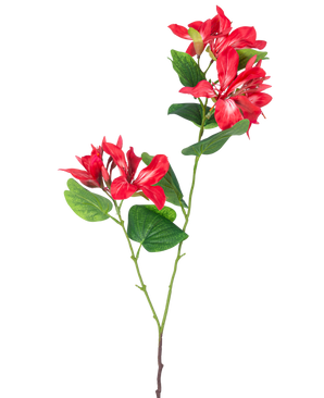 The Artificial Flower Rhododendron 85 cm light red is an artificial stem with green leaves and two bunches of light red and white flowers on a white background.