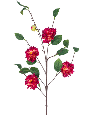 The Artificial Flower Japanese Camellia 95 cm Wine Red has a brown branch with green leaves, bunches of vibrant wine red and yellow flowers and a small closed bud, all against a white background.