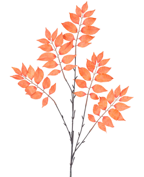 The Artificial Branch Fern branched 83 cm orange has three bunches of thin, dark stems with numerous orange-red, oval leaves that are symmetrical in an open spread against a white background.