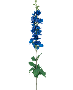The Artificial Flower Larkspur Real Touch dark blue 90 cm has a high, single stem with vibrant dark blue layered flowers and green leaves, against a plain white background.