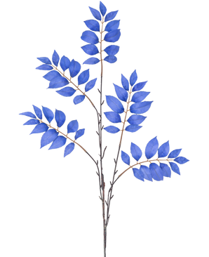 A watercolor illustration of the Artificial Branch Fern branched, an artificial branch of 83 cm with multiple thin stems and bunches of blue leaves, against a white background.