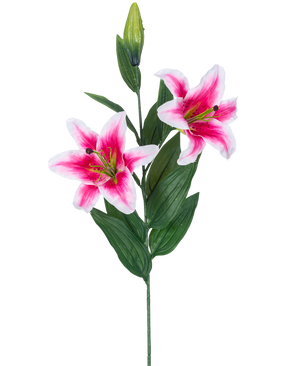 The Artificial Flower Lily 85 cm pink has two blooming pink and white lilies, a closed bud and a number of long green leaves, beautiful against a white background.