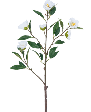 The Artificial Flower Camellia 80 cm white has a single branch with several green leaves and several blooming white flowers against a plain white background.