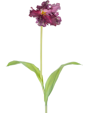 The Artificial Flower French Parakeet Tulip 76 cm purple is a single artificial purple tulip with ruffles in the petals and two elongated green leaves on a long stem, against a plain white background.