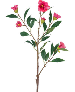 The Artificial Flower Camellia 80 cm pink is a single stem with multiple branches, green leaves and several bright pink flowers and buds, isolated on a white background.