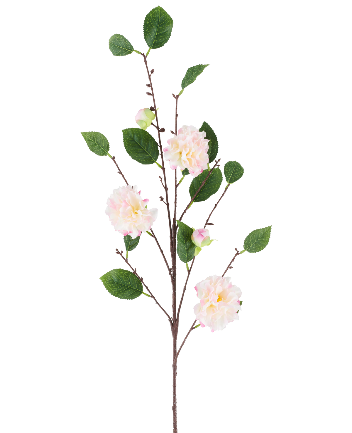 A single stem of the Artificial Flower Japanese Camellia, 92 cm long, with multiple branches with green leaves and soft, light pink, camellia-like flowers, depicted against a plain white background.