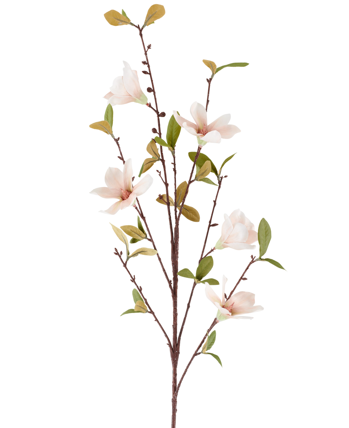 An artificial flower Magnolia of 94 cm, cream-coloured/brown, with several light pink flowers and green leaves on thin brown stems, depicted against a plain white background.
