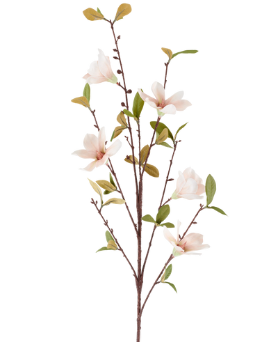 An artificial flower Magnolia of 94 cm, cream-coloured/brown, with several light pink flowers and green leaves on thin brown stems, depicted against a plain white background.