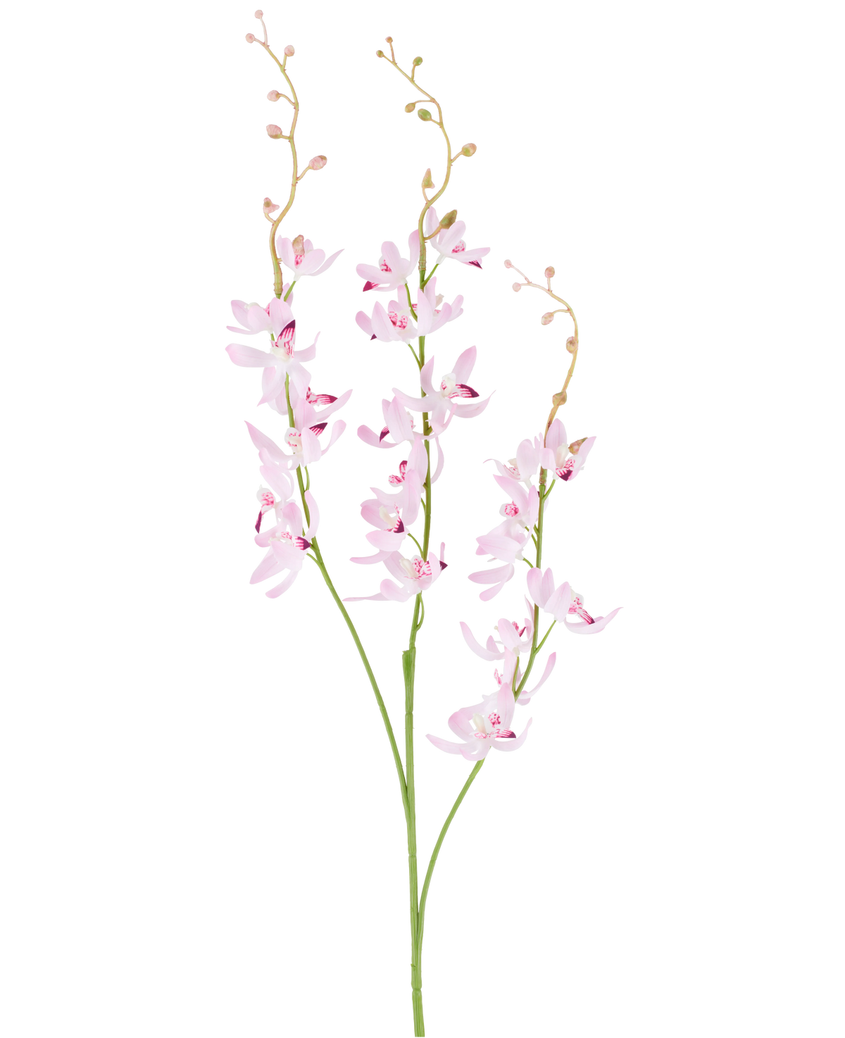 Two green stems with branched clusters of delicate, light purple cymbidium orchid flowers and small buds on thin, arching sprigs, pictured against a plain white background. The product depicted is the Artificial Flower Cymbidium 95 cm purple.
