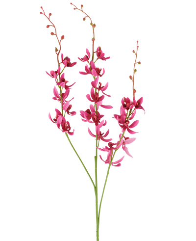 Three stems of the Artificial Cymbidium flower of 95 cm in burgundy red, with vibrant flowers and small buds, shown against a white background.