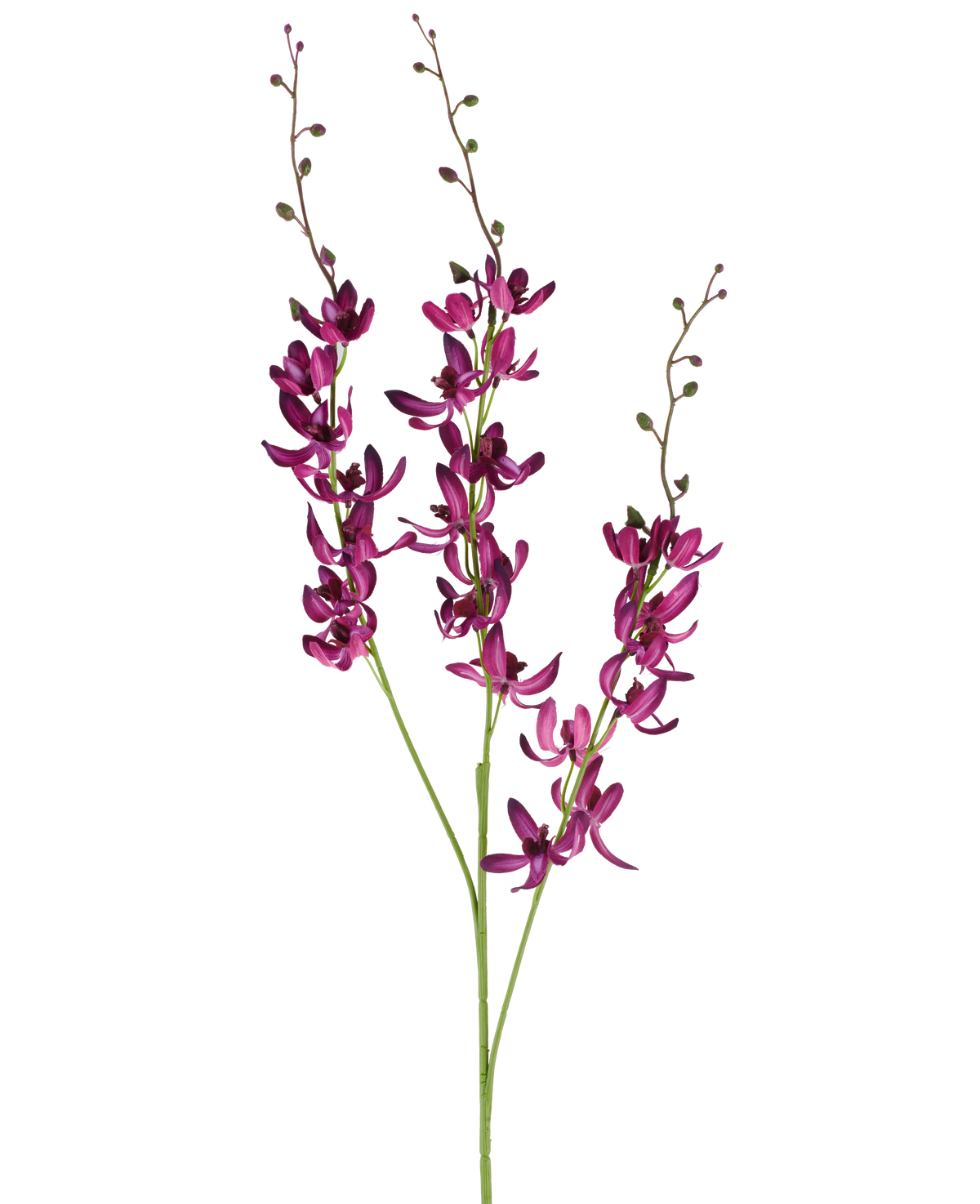 Three long stems of the Artificial Cymbidium flower of 95 cm in vibrant purple, with small green buds, against a plain white background.